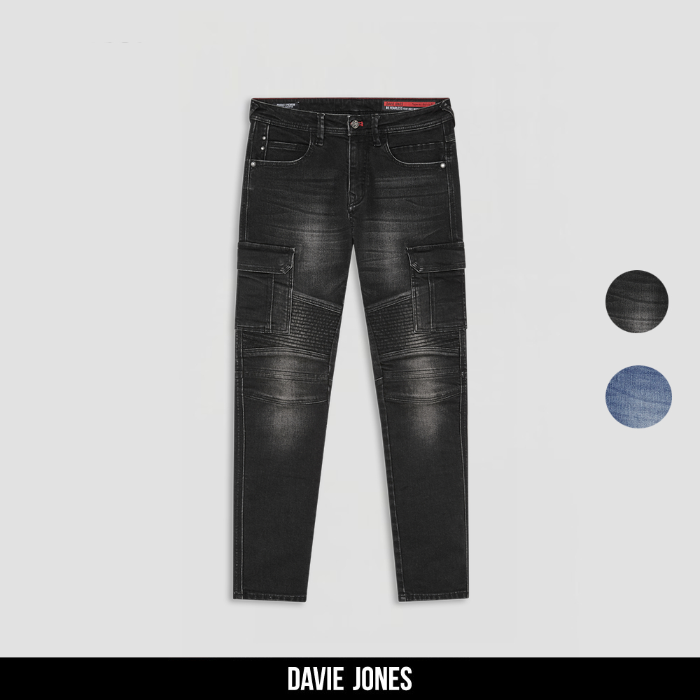DAVIE JONES กางเกงยีนส์ ไบค์เกอร์ Tapered Skinny Fit Biker Jeans CO0056 สีดำ ฟ้า