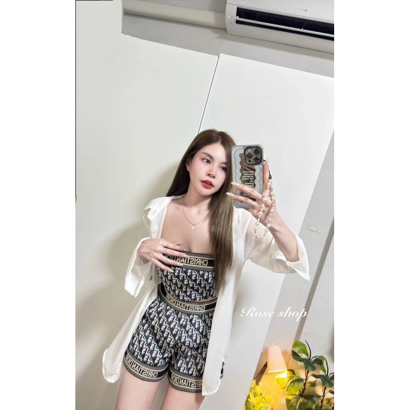Ontop เซท 3 ชิ้น เกาะอก แต่งอะไหล่แถบลายแบรนด์ดัง มาพร้อมเสื้อคลุมชีฟอง สวยแพงมาก