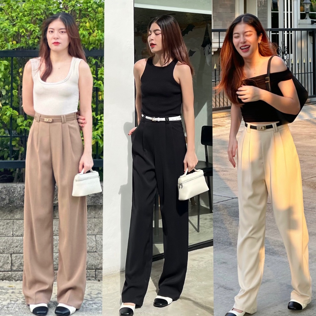 Jinnie กระบอกกลางผ้าลิลลี่ พรางหุ่น เอวสูง ซิปข้าง Queens.