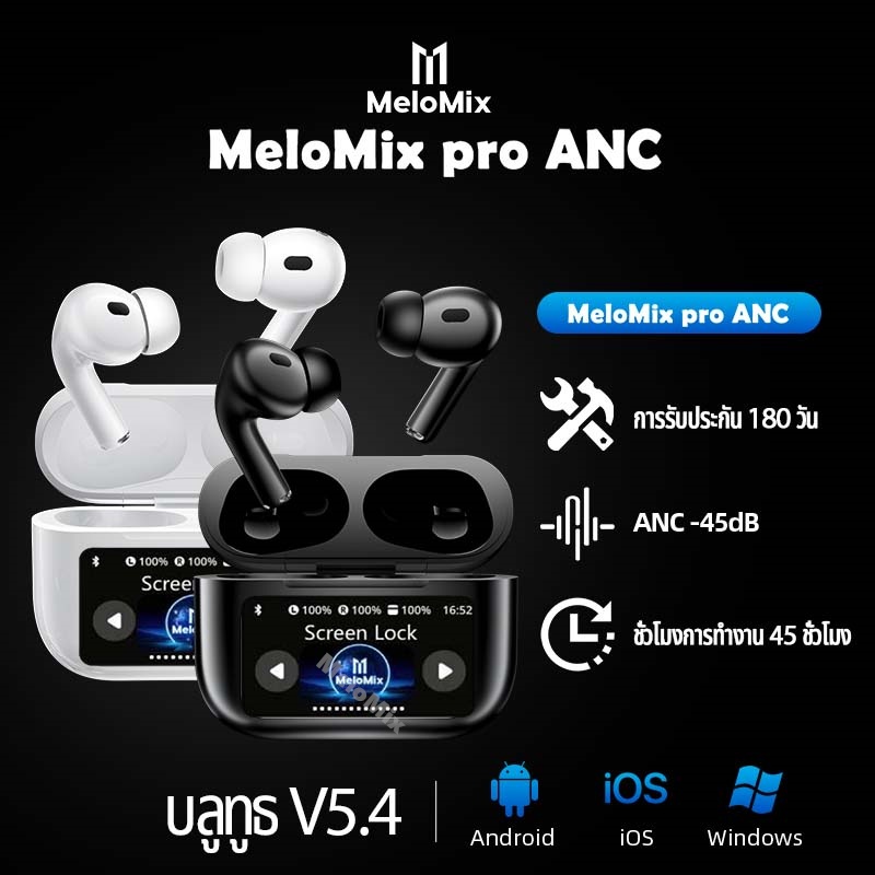 MeloMix ANC A9 Pro หูฟังบลูทูธไร้สาย ตัดเสียงรบกวน TWS หน้าจอเคสแบบสัมผัส ขนาดเล็ก กันน้ํา สําหรับเล่นกีฬา