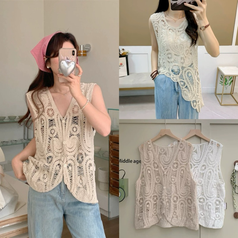 เสื้อกล้ามถักลูกไม้ งานซีทรูโปร่ง สไตล์โบฮี่เมียน