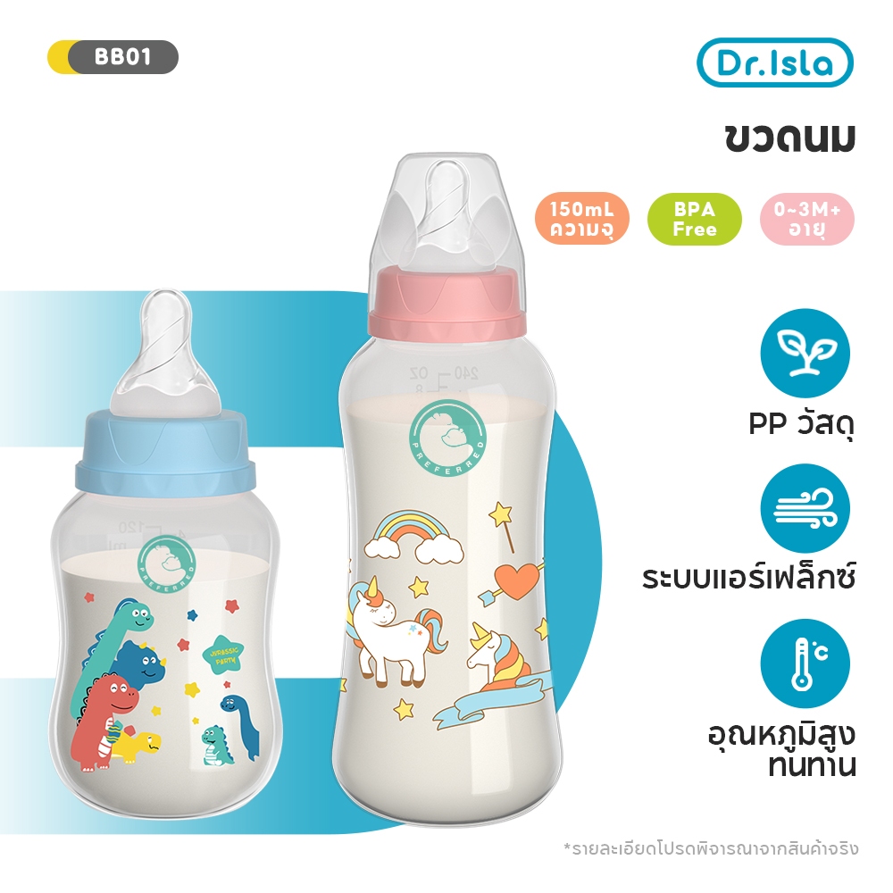 Dr.isla ขวดนม ขวดนมคอกว้าง ขนาด 150ML / 240ML ป้องกันอากาศเข้า กันสำลัก BPA Free สําหรับเด็ก BB01