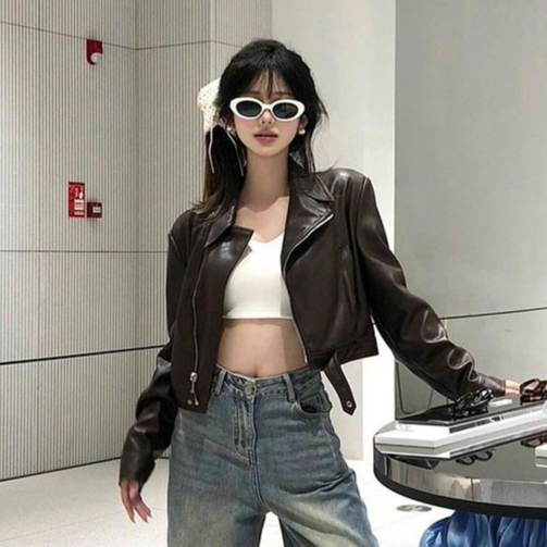 【xxavc825h0】 แจ็คเก็ตหนังรถจักรยานยนต์สีดำสำหรับผู้หญิงฤดูใบไม้ผลิและฤดูใบไม้ร่วงใหม่ย้อนยุคระดับไฮเอนด์แจ็คเก็ตหนัง  PU