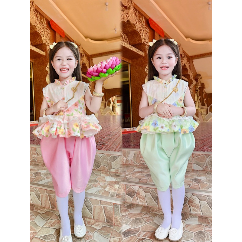 ชุดไทยประยุกต์เด็กสไตล์ลุคคุณหนู สีพาสเทลน่ารักมากกกก💚💗 (📮พร้อมส่ง)