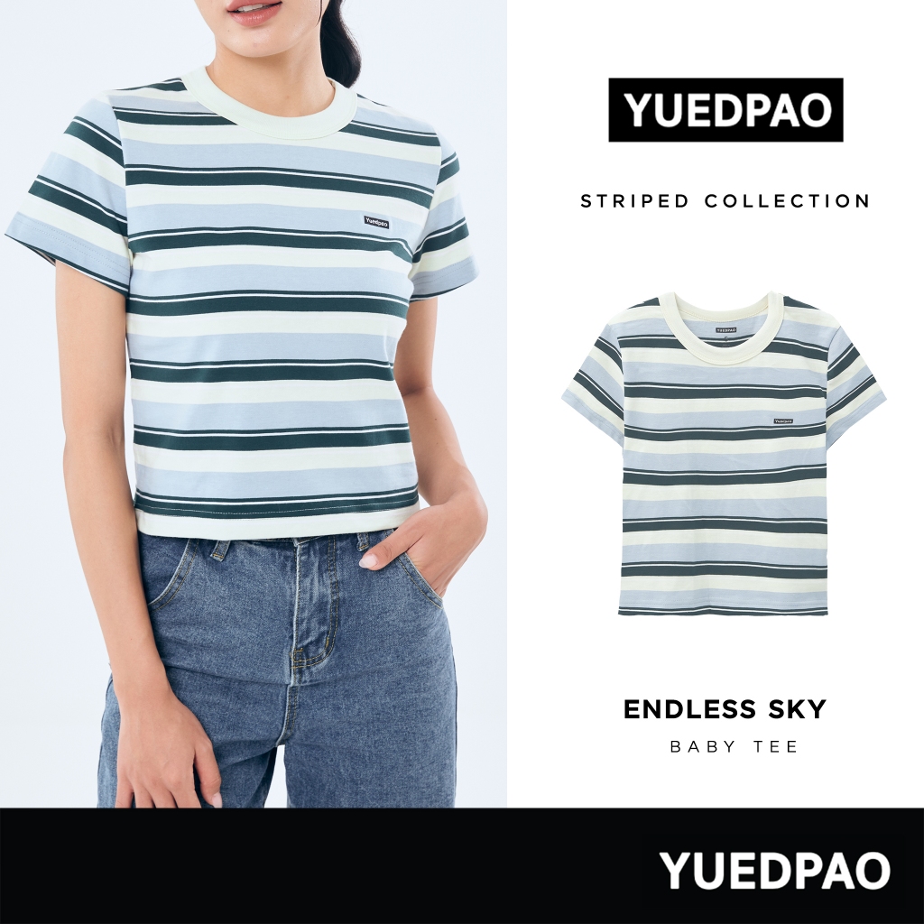 Yuedpao Baby Tee Striped รับประกันไม่ย้วย 2 ปี ผ้าหนาทรงสวย ยับยากรีดง่าย เสื้อยืดผู้หญิง สี Endless Sky