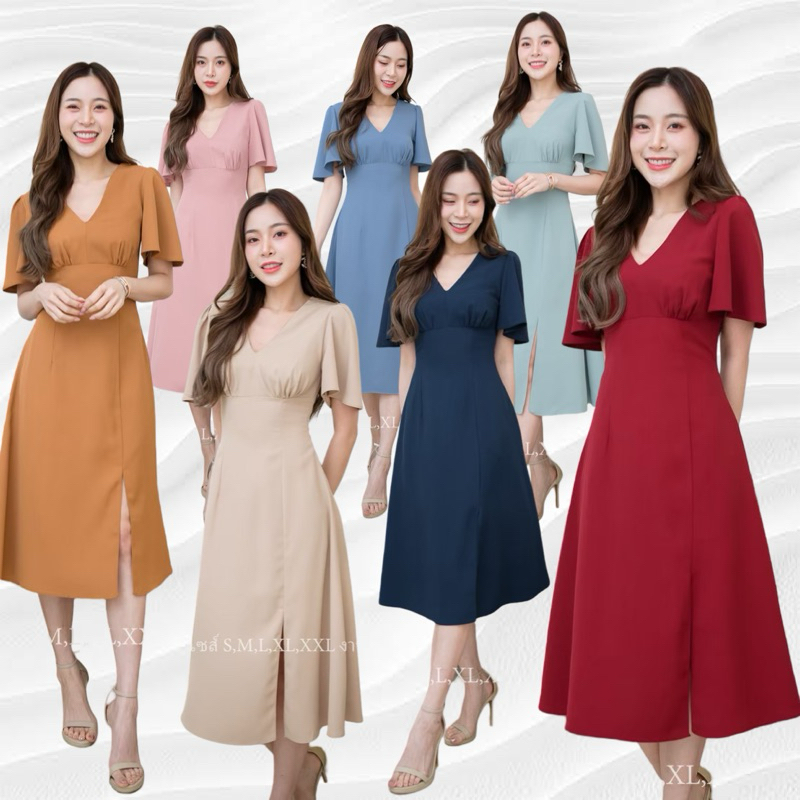 ชุดเดรสคอวีขายระบายผ้าทวิล-280
