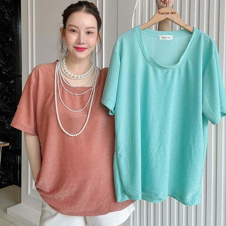 เสื้อคอกลมแต่งกลิตเตอร์วิ้งๆสไตล์เกาหลี ผ้าไม่ต้องรีด สวยหรูดูแพงเว่อร์ พรางหุ่นคลุมสะโพก ตรงปกแน่นอน E59-Tinysherbet