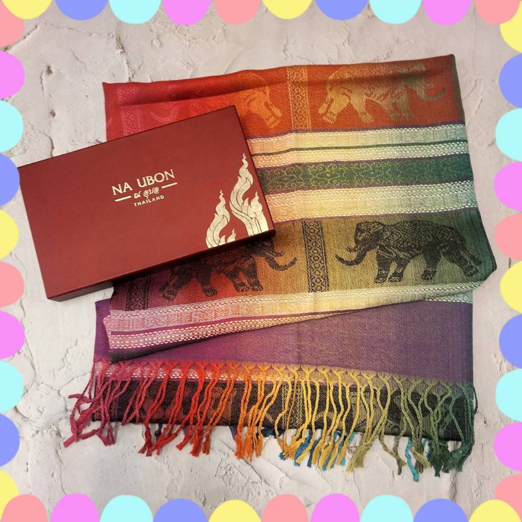 ผ้าพันคอ Pashmina ลายช้างแถบ 4 ตัว งานผ้าสีรุ้ง สินค้าไม่ได้แพคใส่กล่อง แพคเกจถุงแก้วใสธรรมดา