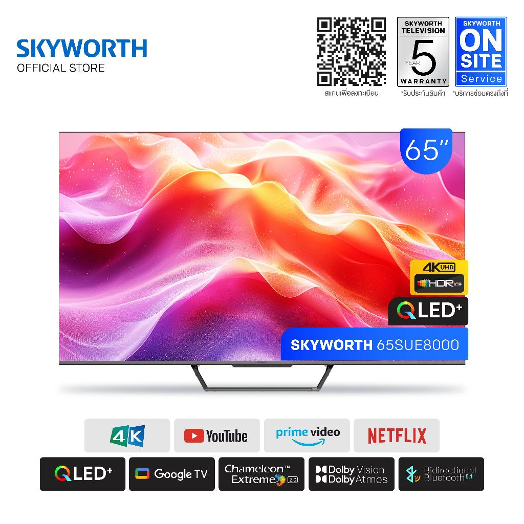 [ประกัน 5 ปี+ส่งฟรี] QLED กูเกิลทีวี SKYWORTH 65 นิ้ว 4K UHD 3840x2160 Google TV QLED Plus รุ่น 65SUE8000
