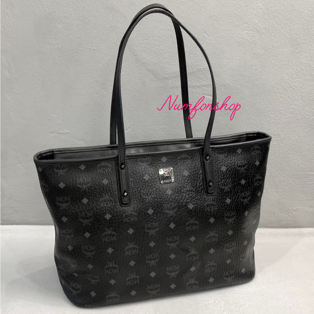 MCM Visetos Medium Anya Zip Top Shopper Tote Black มือสองสภาพดี85%