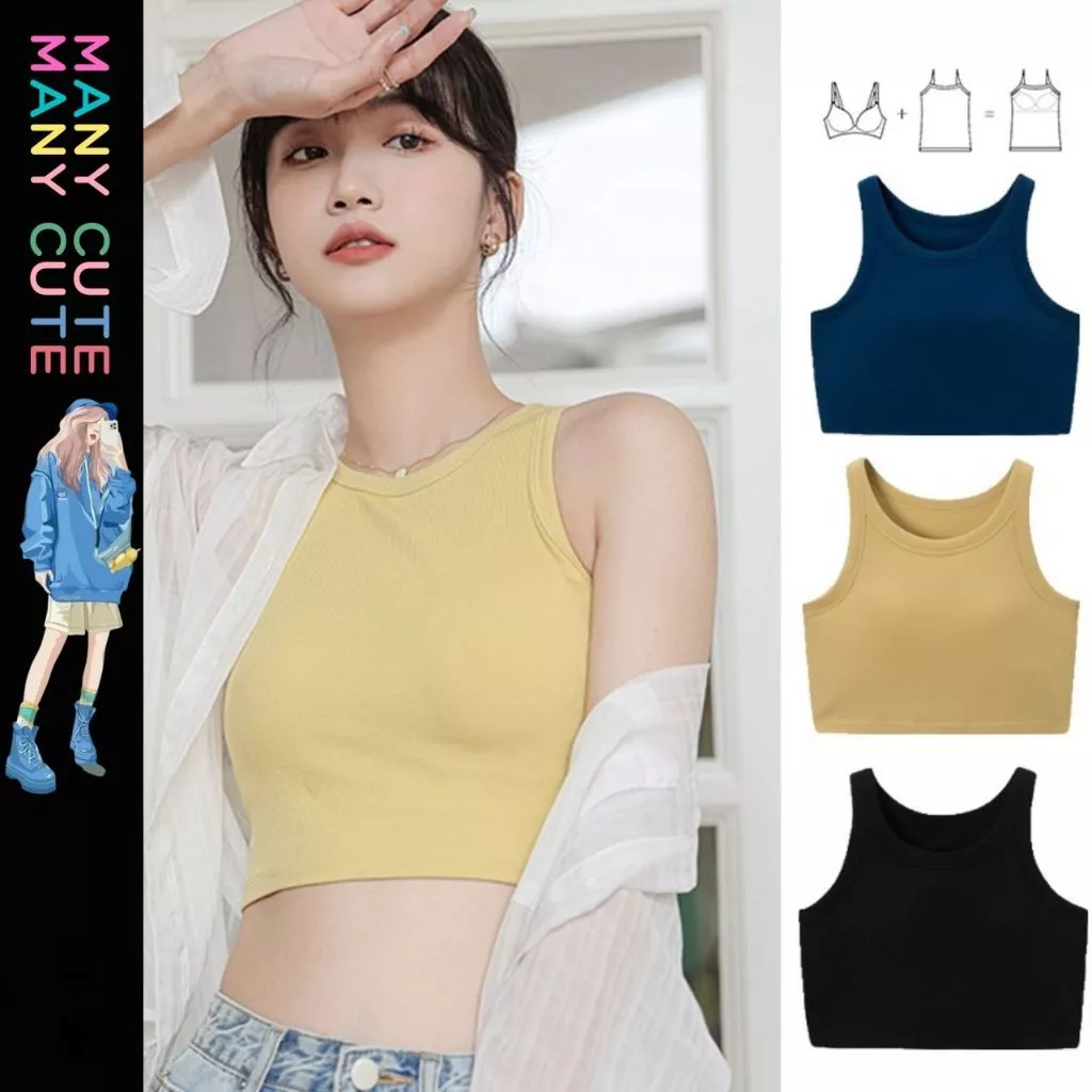 เสื้อกล้ามครอป เสื้อกล้ามมีบราในตัว มีฟองน้ำ เนื้อผ้าดี ใส่สบายทรงกระชับ เสื้อแขนกุด มี10สี ManyCute
