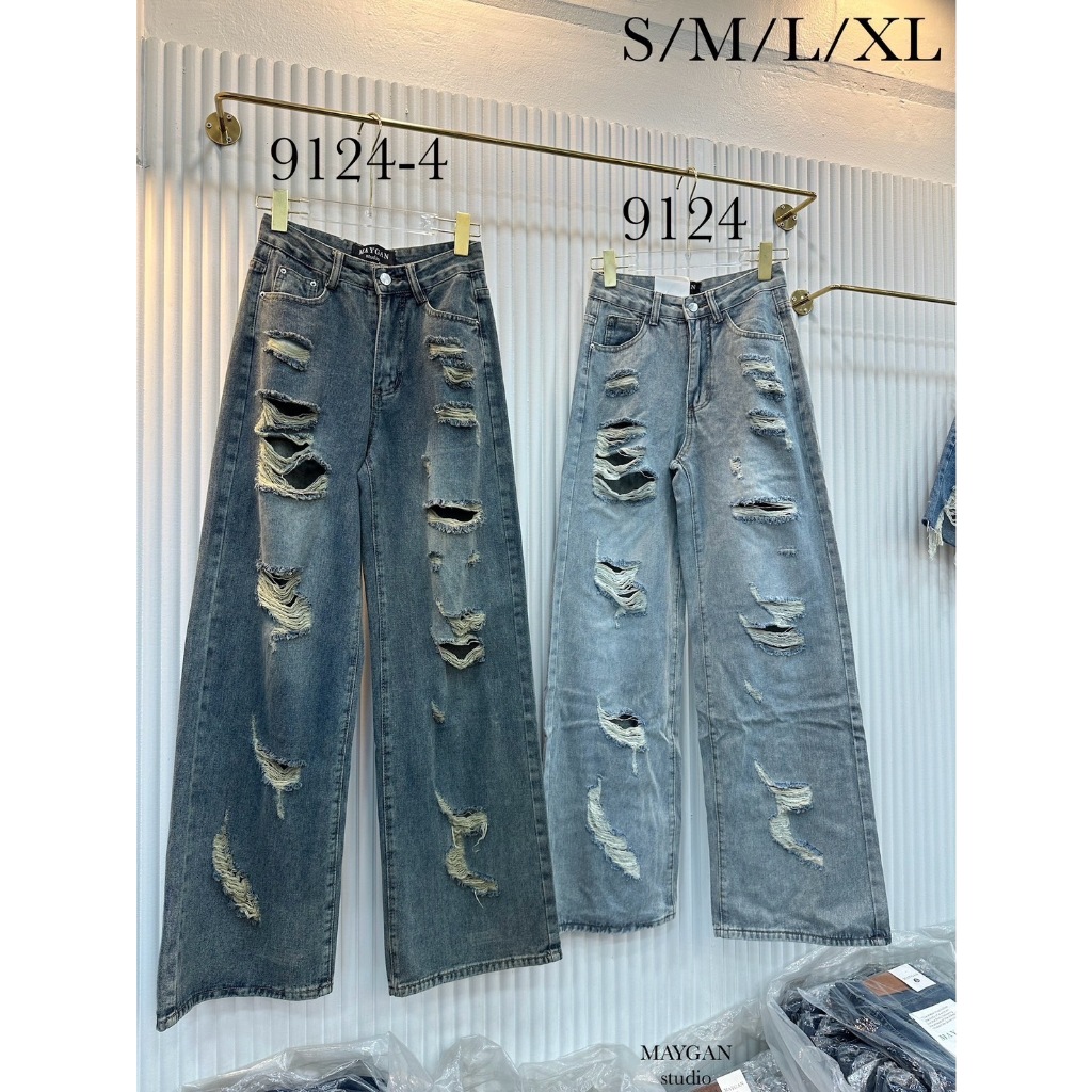 MAYGAN studio (S-XL) สูง 175+ ใส่ได้สบายๆ ยีนส์พรีเมียม กระบอกใหญ่ ผ้าไม่ยืด แต่งขาดแบบตะโกน ด้วยความหนาที่กำลังพอดี