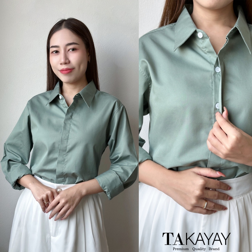 takayay brand เสื้อเชิ้ตรุ่นกระดุมซ่อนสีเขียวตุ่น 36-50 นิ้ว เสื้อเชิ้ตพนักงานออฟฟิศ สีเขียว