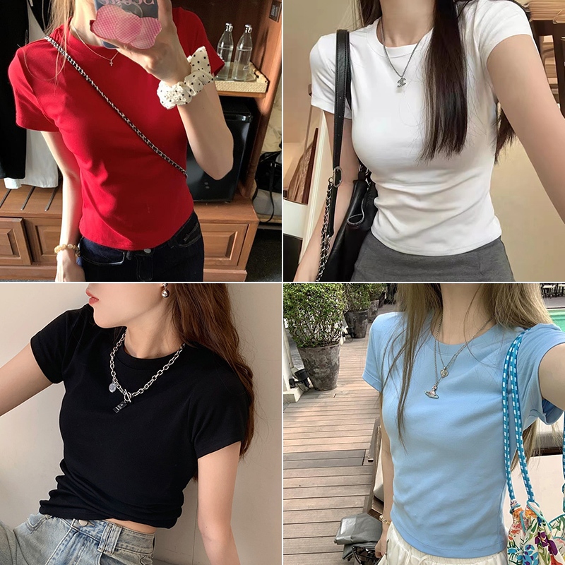 Xiangyige เสื้อยืดสีขาวผู้หญิง เสื้อยืดแขนสั้น สีพื้น คอกลม ทรงสลิมฟิต ผ้านุ่ม สวมใส่สบาย ใส่แล้วดูเพรียวขึ้น – โปรปัง