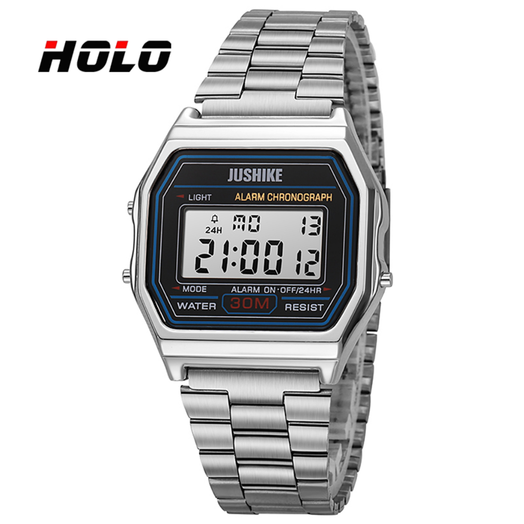 นาฬิกาข้อมือควอตซ์ดิจิทัลช LED กันน้ำ สีทอง สีเงิน สําหรับผู้หญิง และผู้ชาย