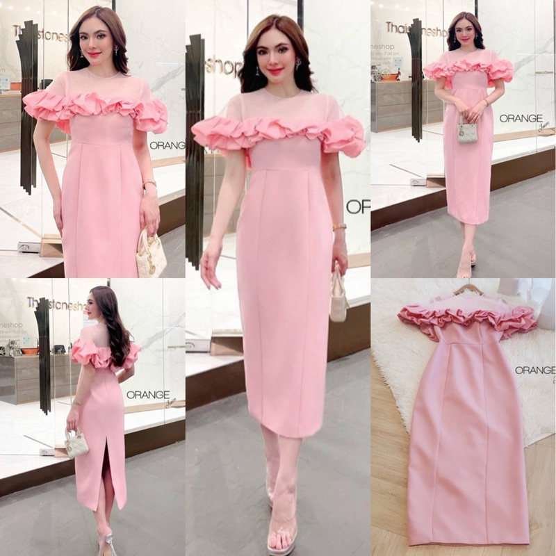🧡พร้อมส่ง S-2XL🧡ป้าย Orange Juice💕เดรสยาว สีชมพู แต่งระบาย ซีทรู ชุดออกงาน ชุดไปงานแต่ง