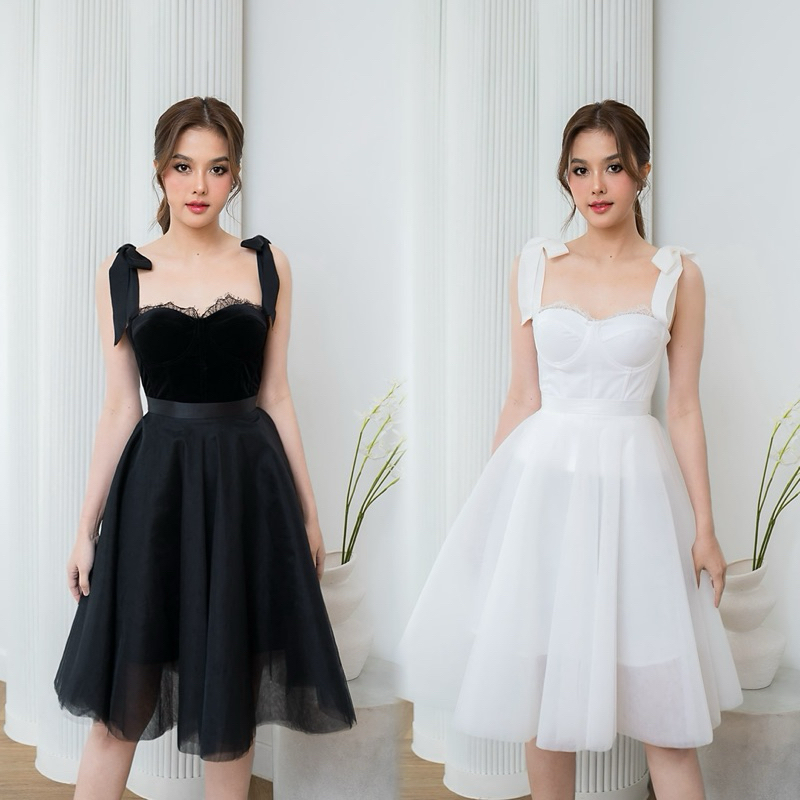 M10 งานป้าย Luxe Set เซ็ทเสื้อสายเดี่ยวผูกโบว์ไหล่ + กระโปรงบาน สำหรับผู้หญิง เสื้อผ้าแฟชั่นผู้หญิง ชุดออกงาน ไซส์ S-XL