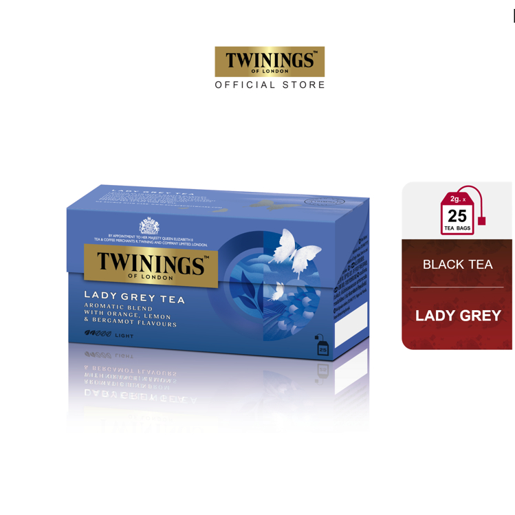 ทไวนิงส์ ชาสีทองอ่อน รสเบา เลดี้ เกรย์ ชนิดซอง 2 กรัม แพ็ค 25 ซอง Twinings Lady Grey Tea 2 g. Pack 25 Tea Bags ชา