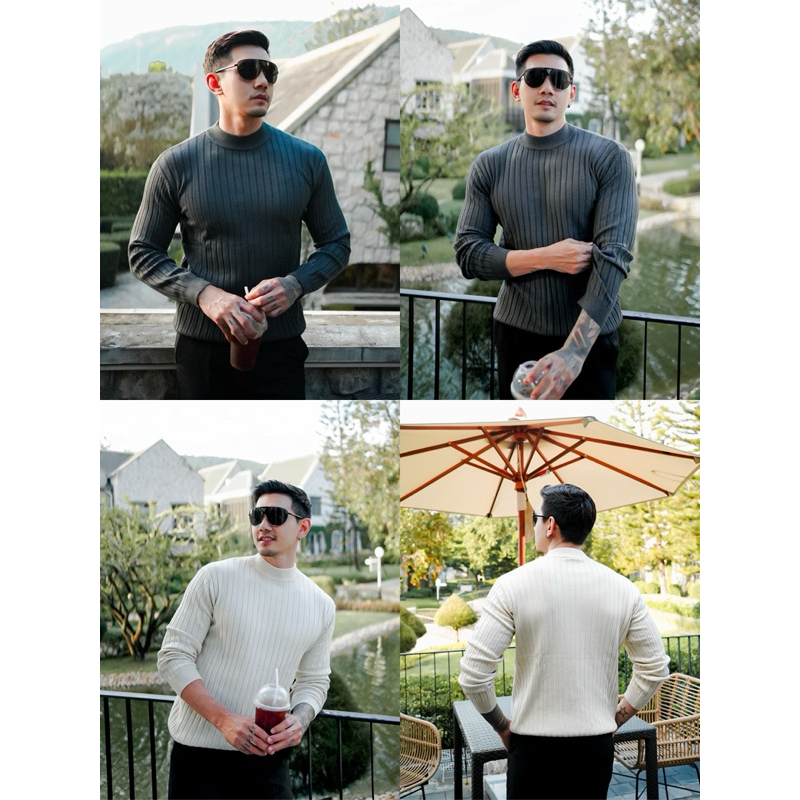 ROBMAN เสื้อกันหนาวผู้ชาย สเวตเตอร์คอกลมสูง ครึ่งคอเต่า ลายตรงแนวตั้งทั้งหน้าและหลัง ฤดูใบร่วง ฤดูหนาว สไตล์เกาหลีRM9003