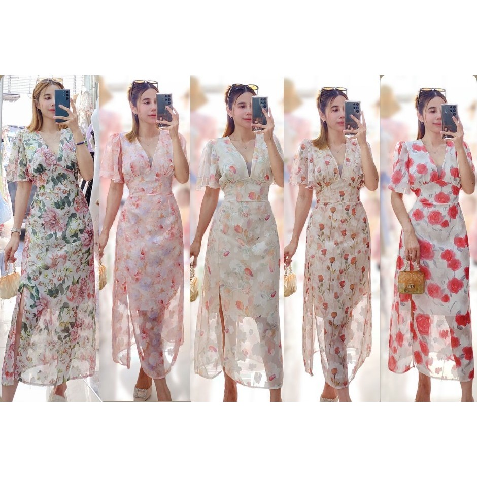 #365# เดรสยาว แขนปีกผีเสื้อปิดต้นแขน คอวีลึก