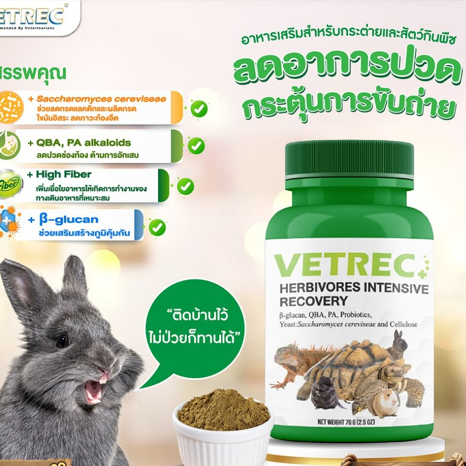VETREC อินเทนซีฟ รีโคพเวอรี่ อาหารชนิดผง สำหรับสัตว์กินพืช ช่วยลดภาวะท้องอืด เสริมภูมิคุ้มกัน 70 กรัม