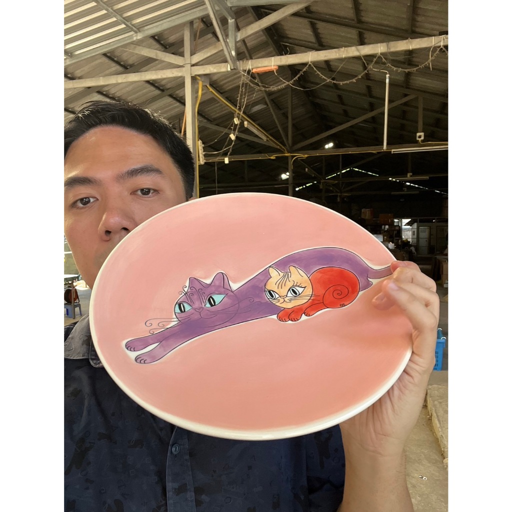 จานเซรามิค ดินเนอร์ จานมินิมอล จานคาเฟ่ ขนาด 10.5 นิ้ว ลายแมวสีชมพู เนื้อสโตนแวร์ stoneware ออกใบกำกับภาษีได้ รหัส31167