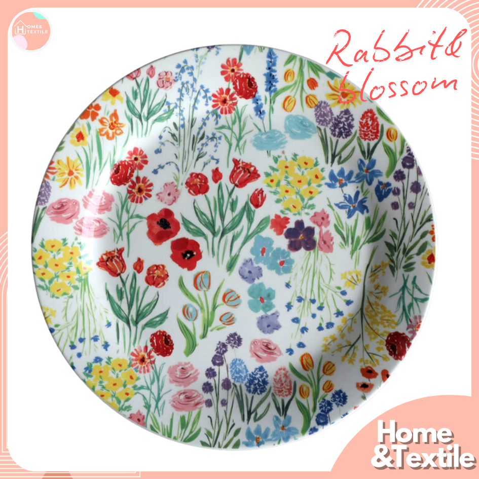 【พร้อมส่ง】จานเซรามิค แต่งลายดอกไม้ กระต่ายในสวน | Rabbit & Blossom