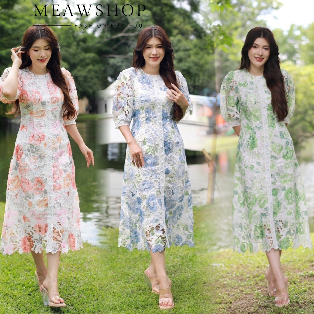 Maxi dress ผ้าลูกไม้พิมพ์ลาย คอกลม L-6XL ชุดสาวอวบ อ้วน ชุดใส่ทำบุญ ลูกไม้ ชุดไปวัด งานหมั้น ชุดไปงา