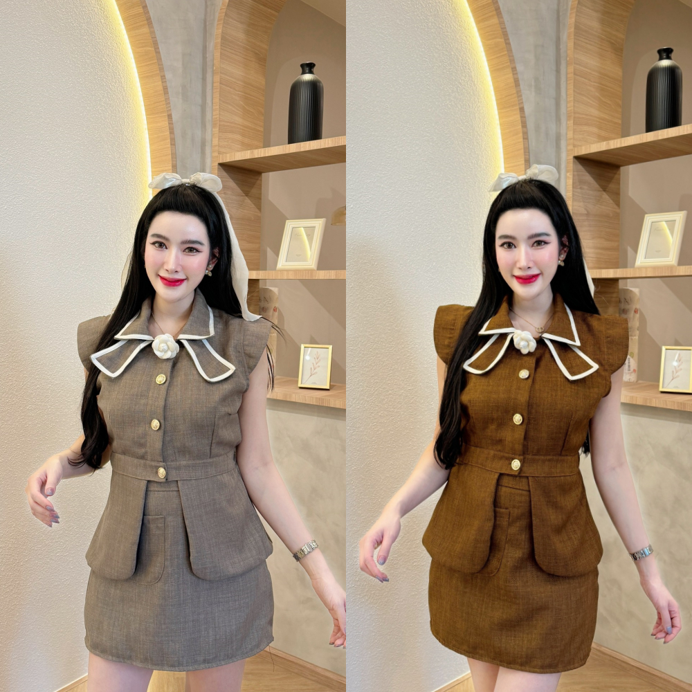 พร้อมส่ง ชุดเซตกระโปรงผ้าทวิต เสื้อแขนล้ำกระดุมหน้าติดดอกไม้ผ่าหน้าสม็อคหลัง+กระโปรงเอวเรียบสม็อคหลังกระเป๋าหน้า A5297
