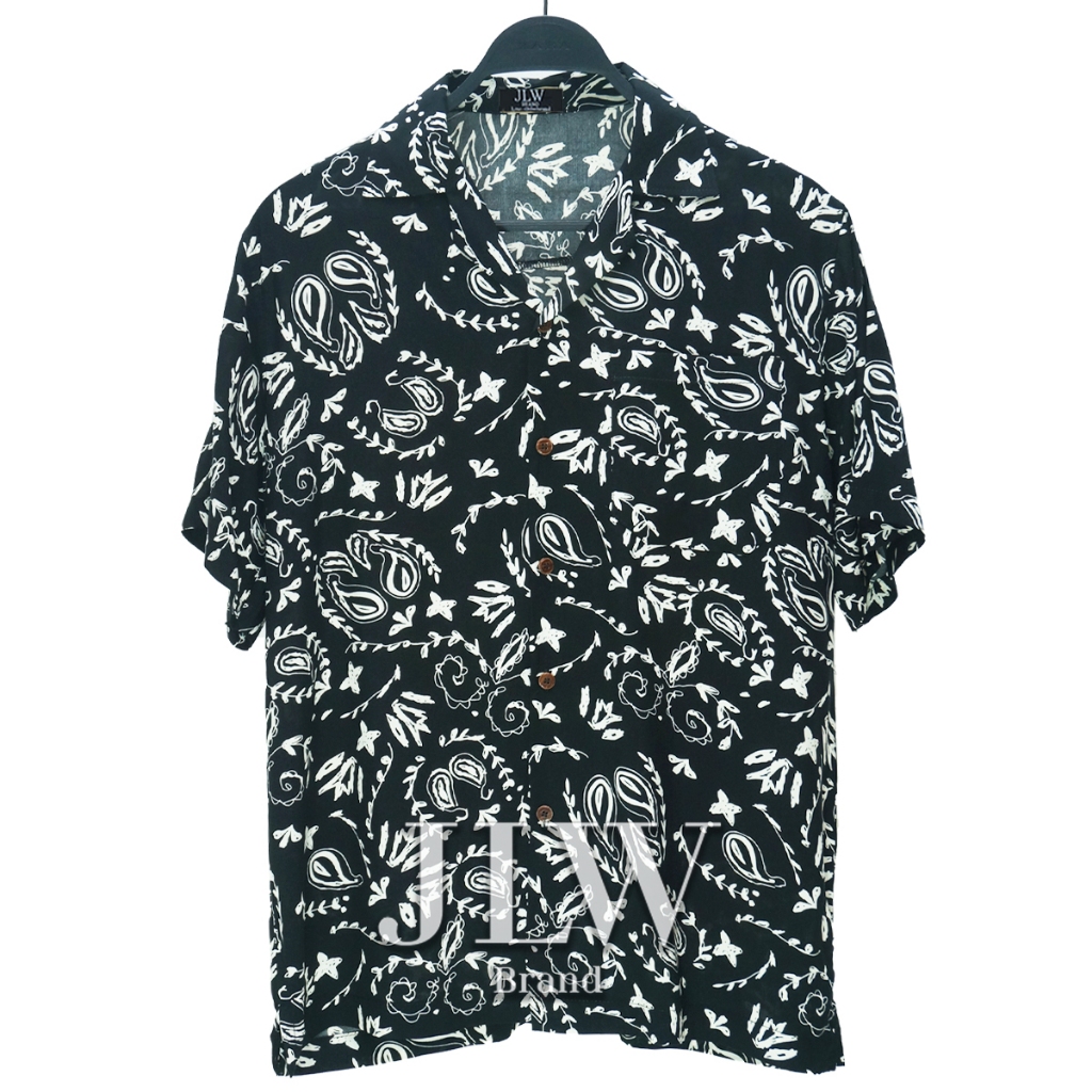 เสื้อฮาวาย ลายลูกน้ำจิ๋ว ดำ ผ้านิ่ม M L XL Oversize คอฮาวาย JLW BRAND