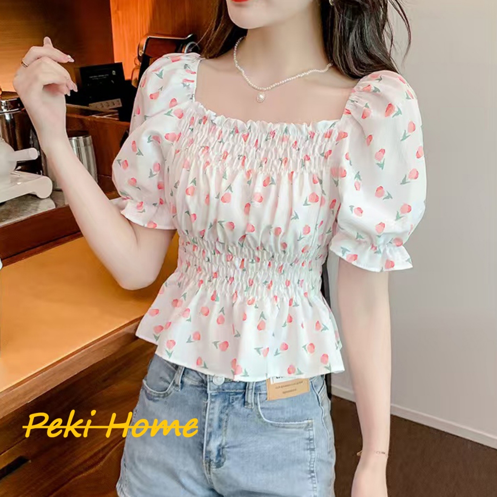 พร้อมส่งเสื้อครอปแขนสั้น ผ้าชีฟอง ลายดอกไม้ สไตล์ฝรั่งเศส