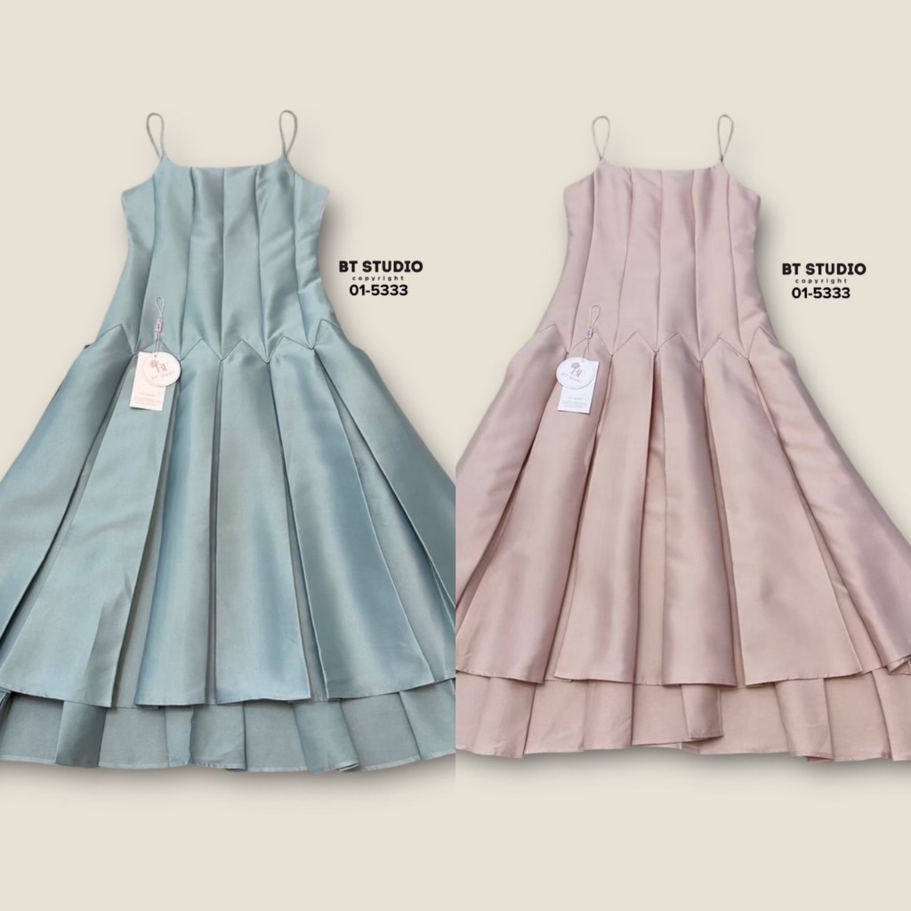 BT 01-5333 ดรสยาวสายเดี่ยวดีเทลแต่งขอบตีกุ้นตรงช่วงสะโพกแต่งปลายหยักตรงกลางแต่งกระโปรงจับจีบระบายบาน