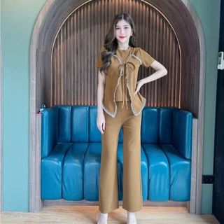 สินค้าพร้อมส่ง ชุดเซตยาวผ้าวูลเวฟ เสื้อแขนสั้นแต่งสายเดี่ยวระบายลูกไม้ผูกโบว์หน้า+กางเกงเอวเรียบมีกระเป๋า ( P14,P24 )