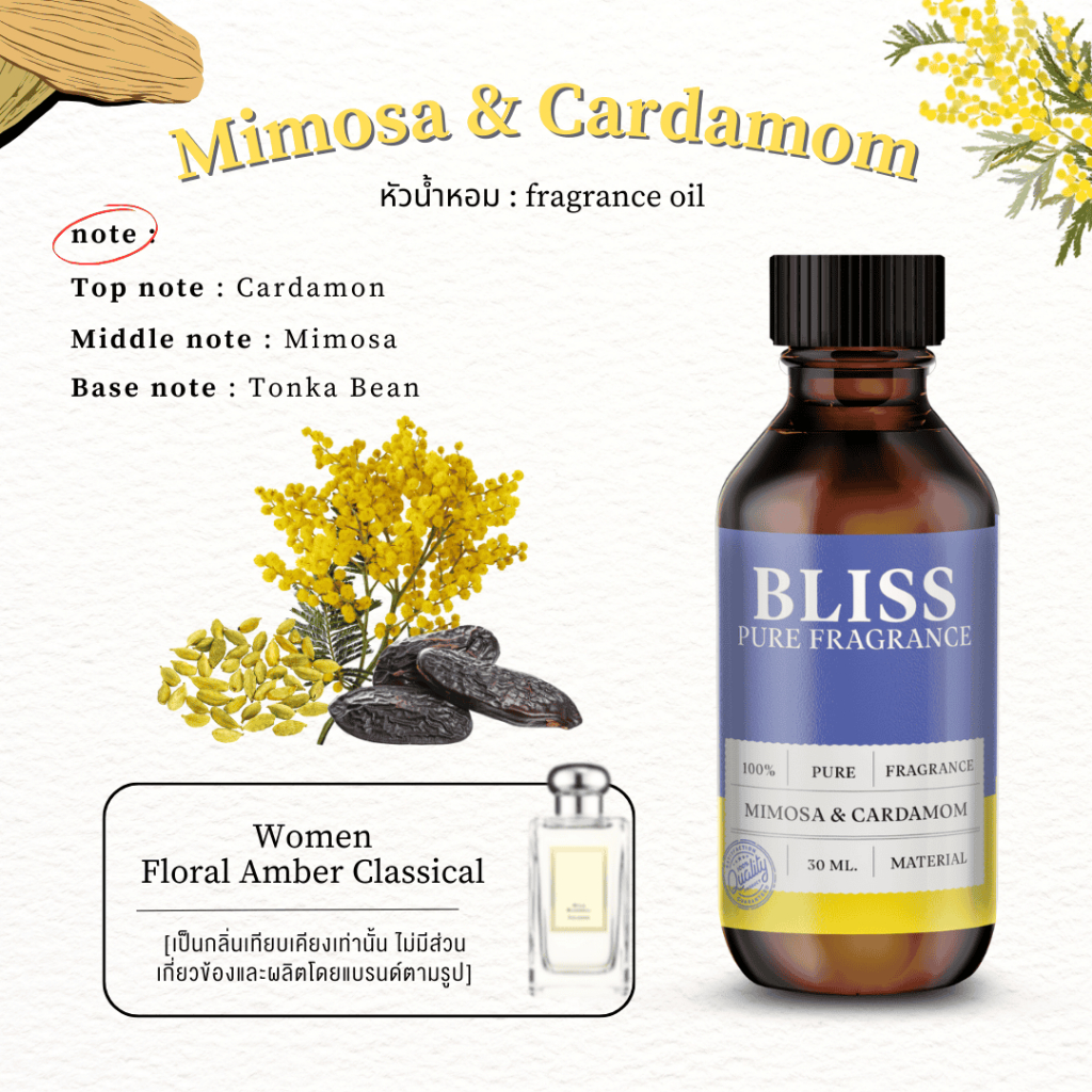 หัวน้ำหอม 🏆【 มาตรฐาน IFRA 】กลิ่น  MIMOSA & CARDAMOM  (JM BRAND)  (30 ml-120ml) - BLISSLABFRAGRANCE