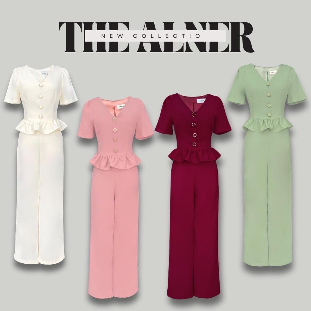 AN654 เซ็ตเสื้อคอวีแต่งระบายเอว + กางเกงขายาว The Alner Women Clothing Lady ผู้หญิง