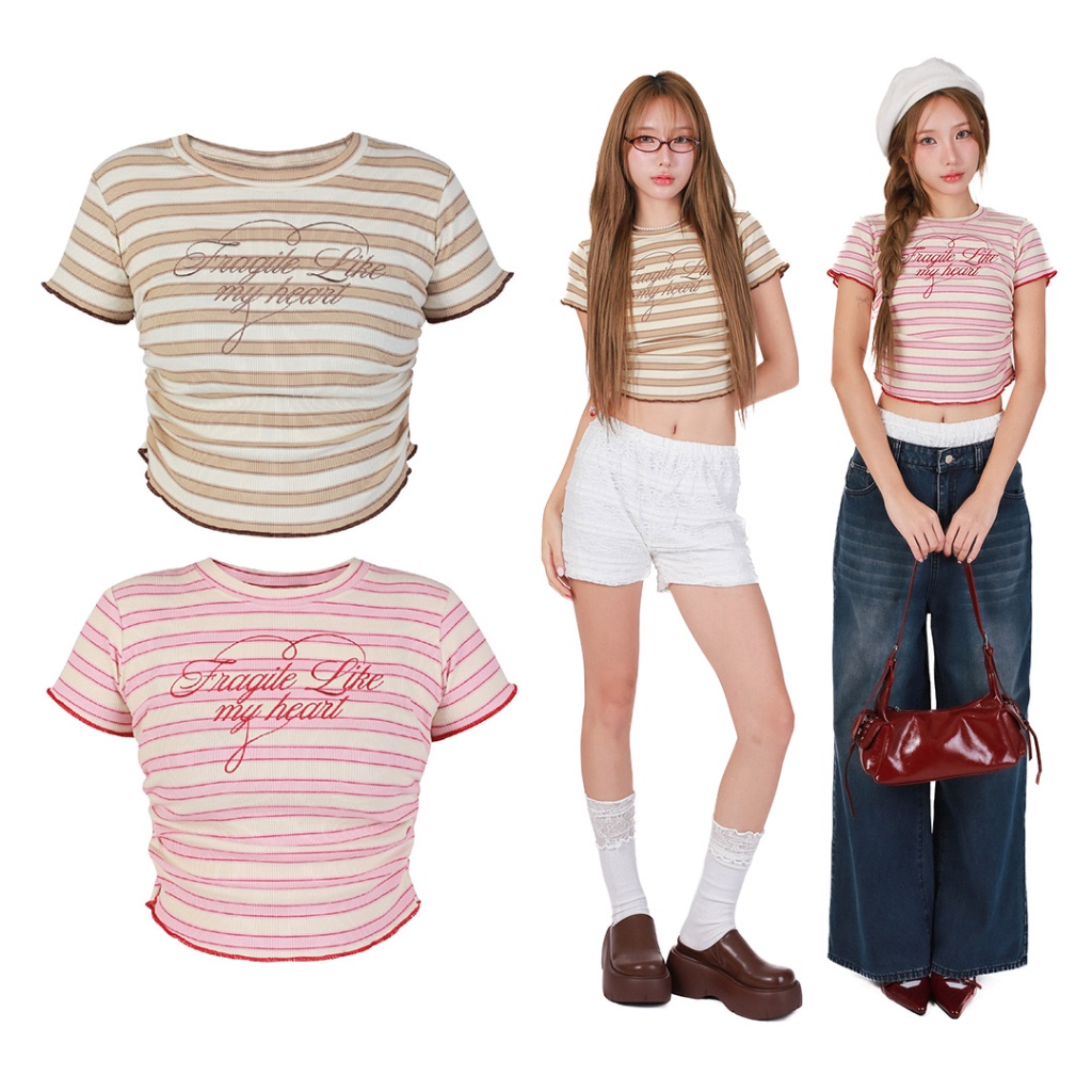 kome.offi เสือยืดย่นเอวลายริ้ว รุ่น cookie t-shirt