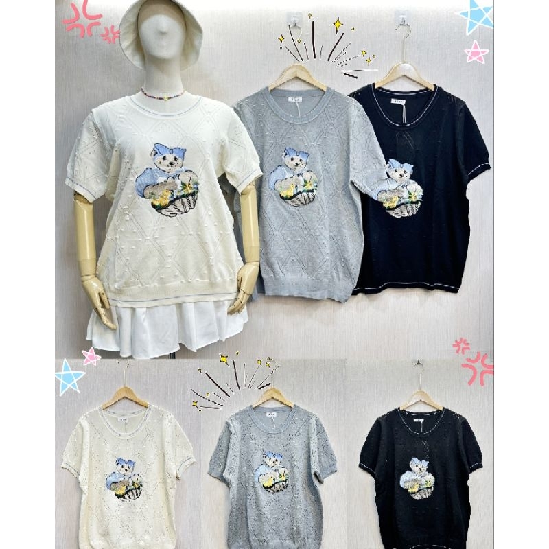 บิ๊กไซร์ เสื้อไหมพรมฉลุ ปักลายหมี หน้าผ้า50-66 ยาว26 นิ้ว