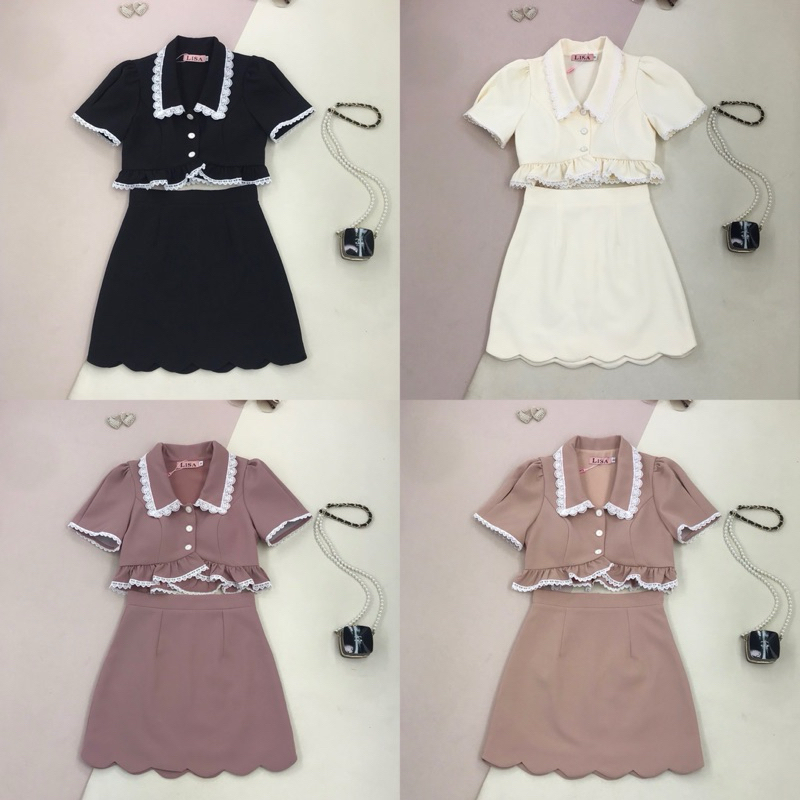 [LISA] A0626 ชุดเซตเสื้อคอปกแขนสั้นกระดุมหน้าแต่งระบาย+กระโปรง สวยหรูดูแพงผู้ดีใส่เที่ยว ออกงาน คาเฟ่ งานแต่ง