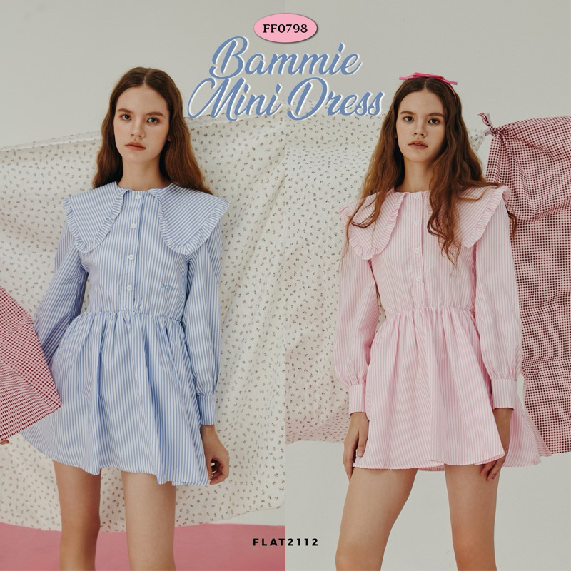 FLAT212 FF0798 : BAMMIE MINI DRESS มินิเดรสแขนยาว ปกใหญ่ เอวสม็อค