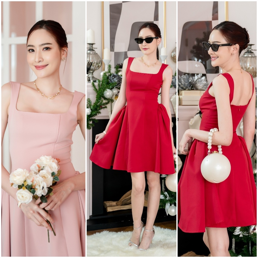 PD302 Merry Dress เดรสคอเหลี่ยม แขนกุด กระโปรงบาน