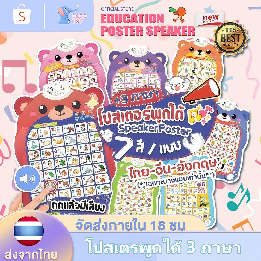 โปสเตรพูดได้ 3 ภาษา โปสเตอร์สอนคำศัพท์ สือการสอน เรียนคำศัพ โปสตอร์ กไกผลไม้ ตัวเลข สัตว์th ของเล่นเสริมพัฒนาการเด็ก