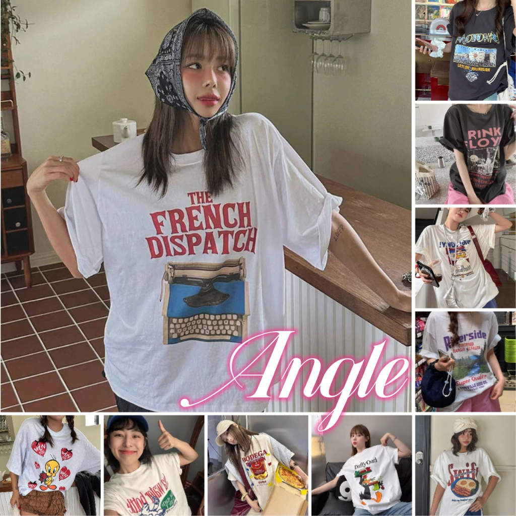 (จัดส่งตลอด 24 ชั่วโมง）Angle Official เสื้อยืดแขนสั้นทรงหลวมเกาหลี เสื้อโอเวอร์ไซส์พิมพ์ลายการ์ตูนภูมิทัศน์ ผ้าฝ้าย