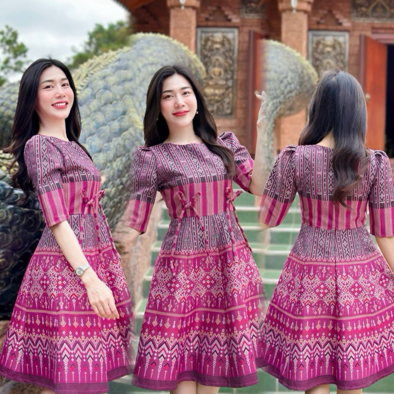 CMP ชุดเดรสกระโปรง 8 ชิ้น แขนศอก แต่งโบว์ ผ้าทอ สีบานเย็น