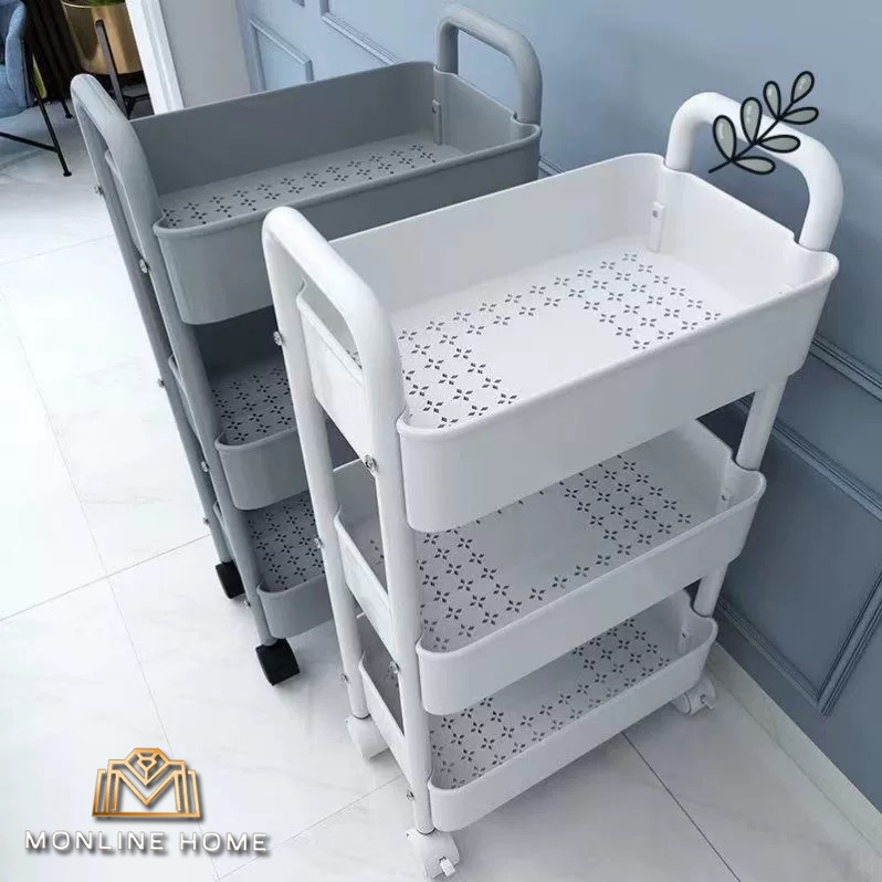 ชั้นวางของ ชั้นวางของรถเข็นพลาสติก 3/4ชั้น พร้อมล้อเลื่อน+ที่จับ รถเข็นเก็บของ เคลื่อนย้ายสะดวก