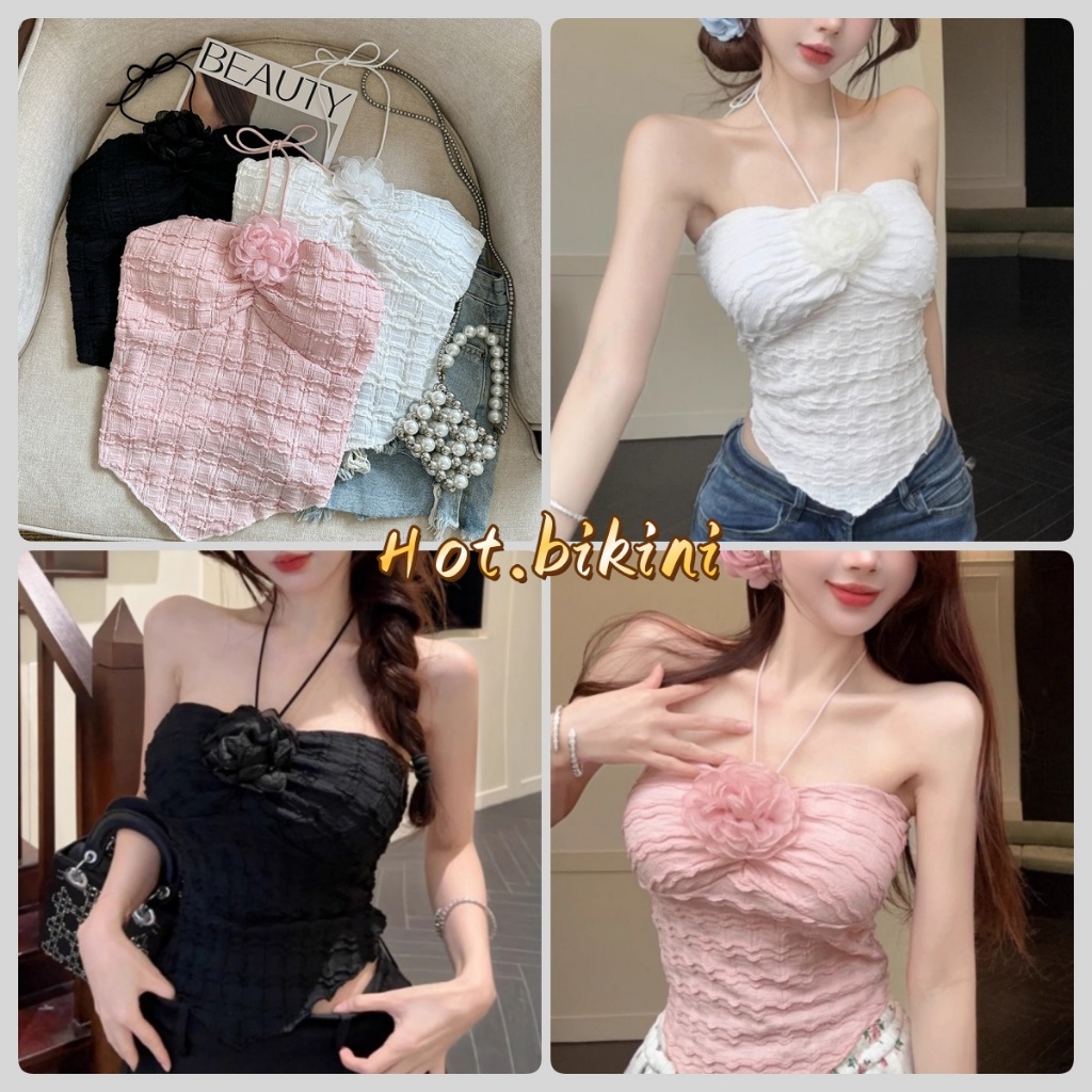Hot.bikini พร้อมส่ง มีฟองน้ำ เสื้อเกาะอก ดีเทลสายห้อยคอ สม็อคหลัง ผูกคล้อง ตกแต่งดอกไม้ ส่งไวจากไทย