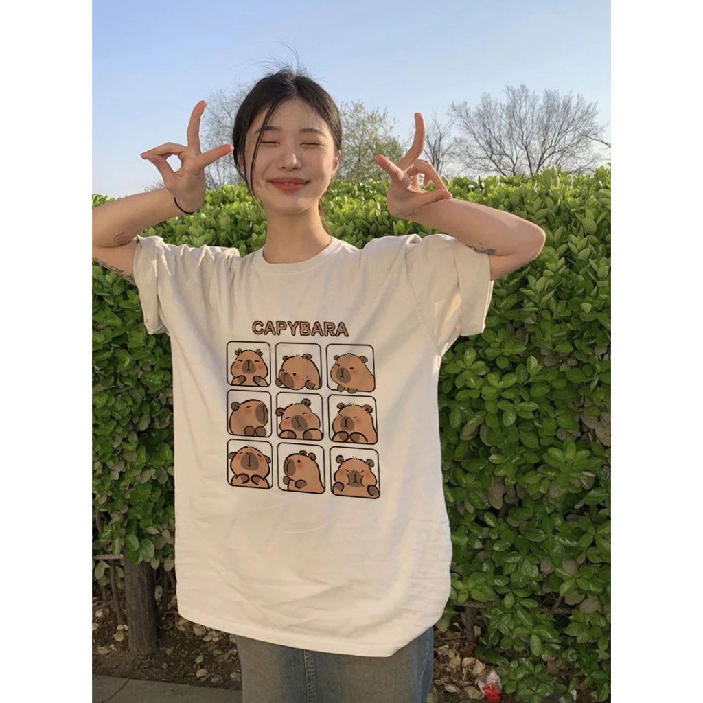 Top.street เสื้อยืด oversize capybara ลายการ์ตูนน่ารักหลวม คอกลม ทรงหลวม เสื้อระบาย สไตล์เกาหลี ใส่ได้ทั้งชาย-หญิง