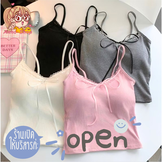 Anna shop เสื้อสายเดี่ยว ผ้าร่อง ผูกโบว์ ตัดขอบผ้าลูกไม้  สำหรับผู้หญิง พร้อมส่ง A165