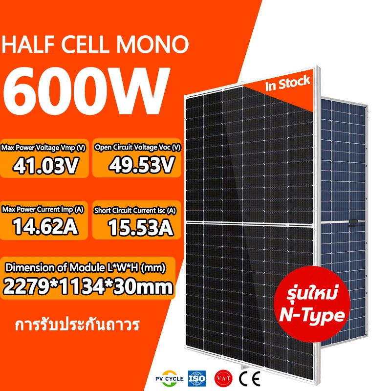 แผงโซล่าเซลล์ 600W Mono Half cell (มีรับประกัน) N-TYPE Solar Cell Panel