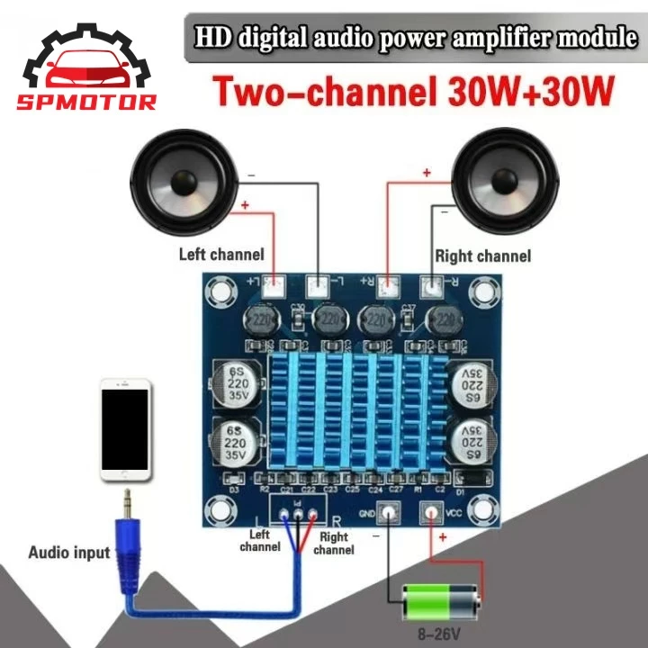 แผ่นบอร์ดโมดูลขยายเสียงสเตอริโอดิจิตอล DC 8-26V 3A TPA3110 XH-A232 30W + 30W 2.0 ช่อง