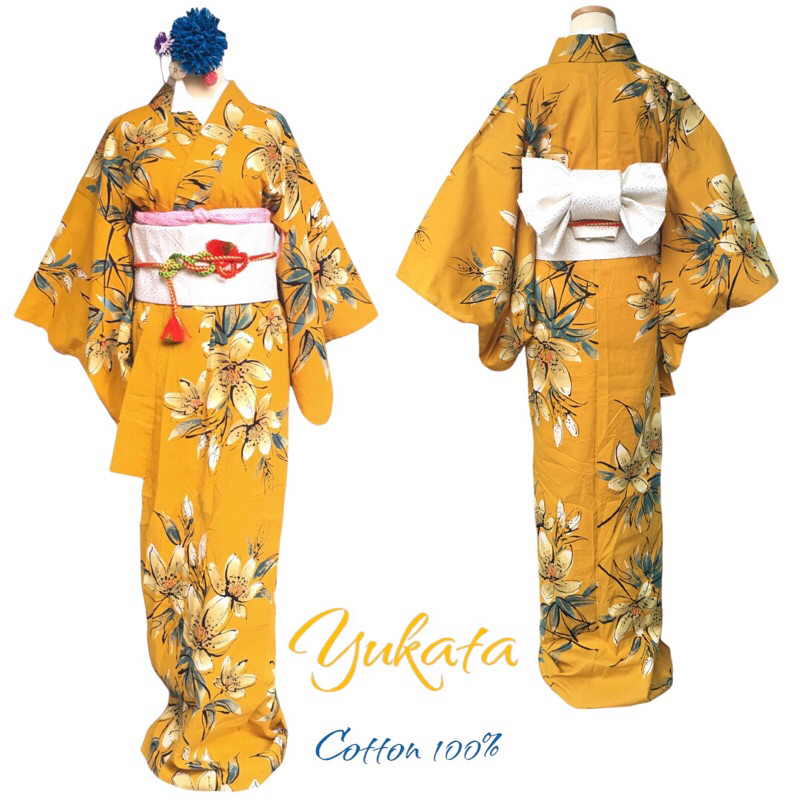 💥พร้อมส่ง💥NEW🌟Yukata 🇯🇵 Cotton 100% ชุดยูกาตะหญิง งานใหม่ มือหนึ่ง (เฉพาะชุด)‼️ สีเหลืองสดใส ลายดอกไ